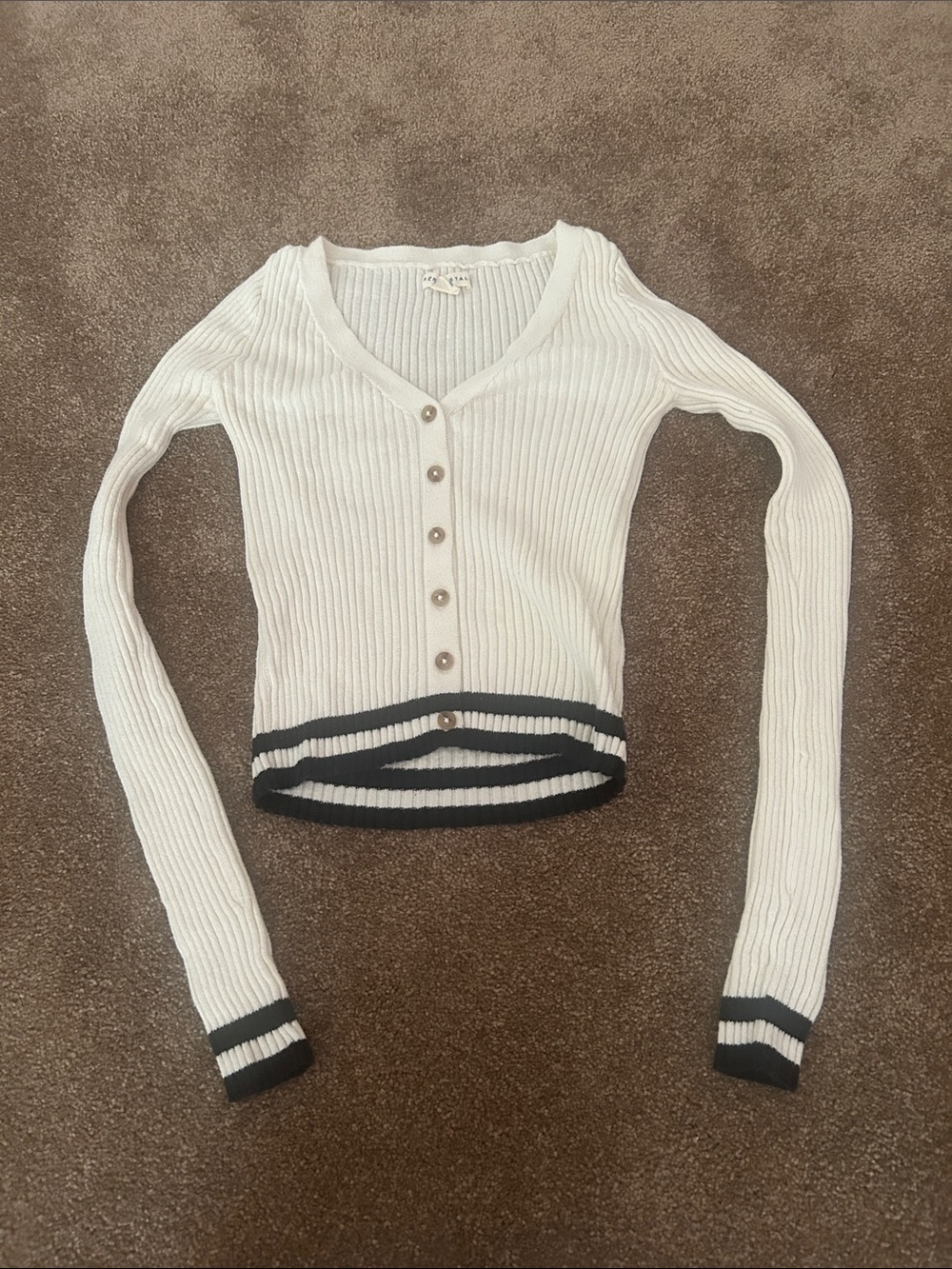 Aeropostale White Ribbed Button-Down Top with Black Trim